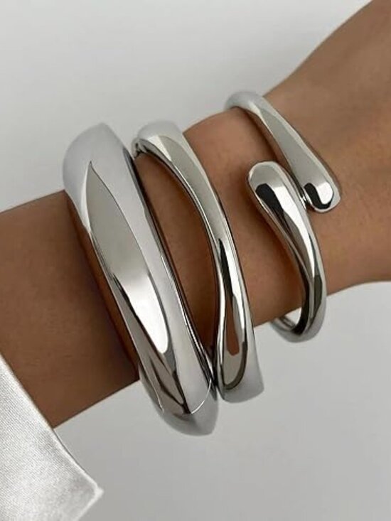 Chunky Gold Bangle Bracelets Silver Bangles Set Statement Cuff - Picture 2 of 4